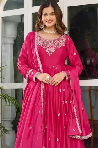 Rani pink american silk blend embroidered gown set with pant & dupatta