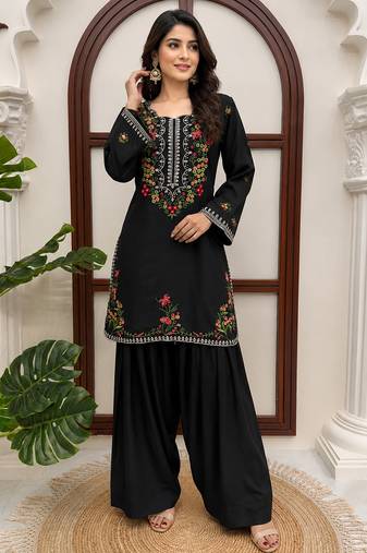 Black rayon thread work farshi suit set