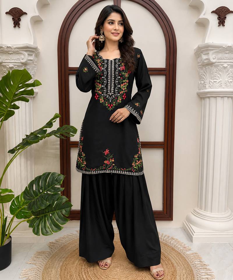 Black rayon thread work farshi suit set