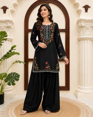 Black rayon thread work farshi suit set 2
