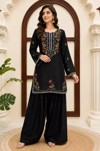 Black rayon thread work farshi suit set