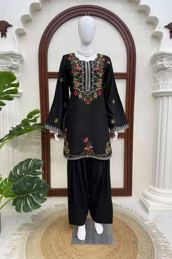 Black rayon thread work farshi suit set