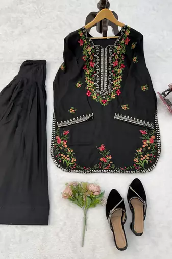 Black rayon thread work farshi suit set