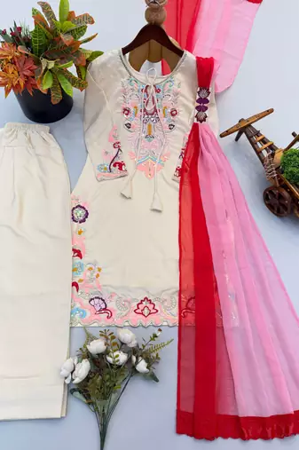 Cream satin kurta set with farshi pants & georgette dupatta