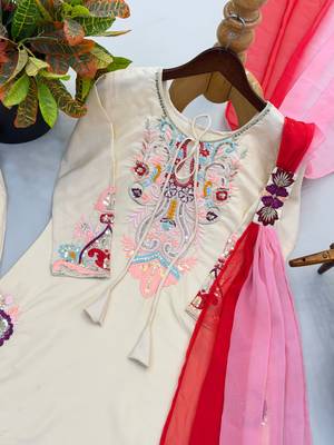 Cream satin kurta set with farshi pants & georgette dupatta 3
