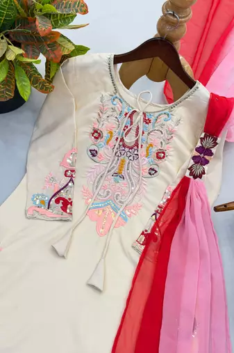 Cream satin kurta set with farshi pants & georgette dupatta