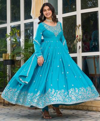 Sky blue american silk blend embroidered gown set with pant & dupatta 1