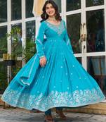 Sky blue american silk blend embroidered gown set with pant & dupatta