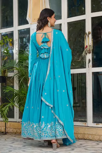 Sky blue american silk blend embroidered gown set with pant & dupatta