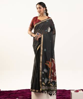 Black soft muga cotton zari woven saree with blouse 3
