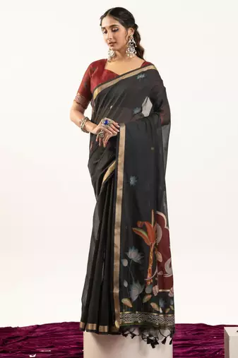 Black soft muga cotton zari woven saree with blouse