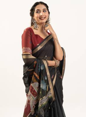 Black soft muga cotton zari woven saree with blouse 4