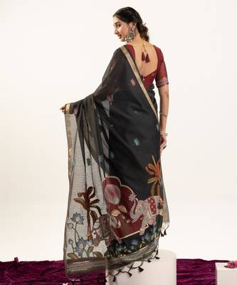 Black soft muga cotton zari woven saree with blouse 5