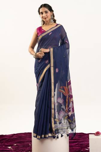 Navy blue soft muga cotton zari woven saree with blouse