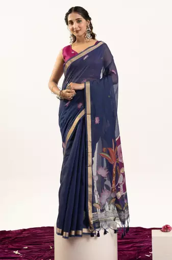 Navy blue soft muga cotton zari woven saree with blouse