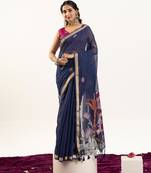 Navy blue soft muga cotton zari woven saree with blouse