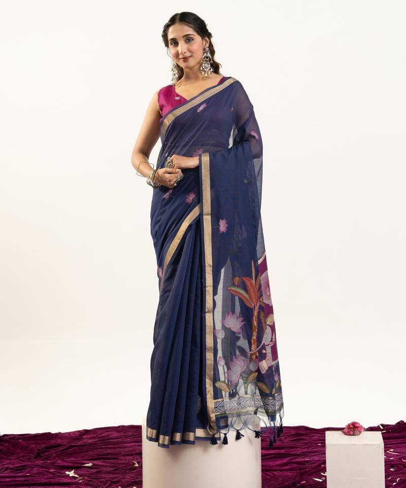 Navy blue soft muga cotton zari woven saree with blouse