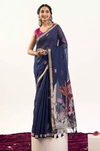 Navy blue soft muga cotton zari woven saree with blouse
