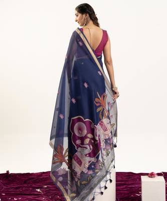 Navy blue soft muga cotton zari woven saree with blouse 5