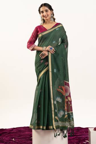 Bottle green soft muga cotton zari woven saree with blouse