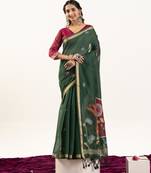 Bottle green soft muga cotton zari woven saree with blouse