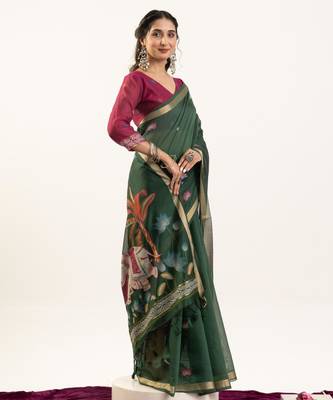 Bottle green soft muga cotton zari woven saree with blouse 2