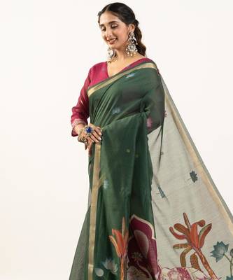 Bottle green soft muga cotton zari woven saree with blouse 3