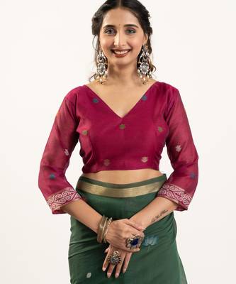 Bottle green soft muga cotton zari woven saree with blouse 4