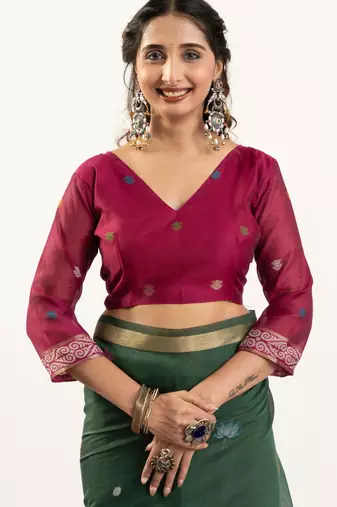 Bottle green soft muga cotton zari woven saree with blouse