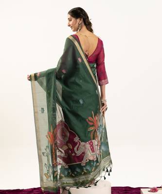 Bottle green soft muga cotton zari woven saree with blouse 5