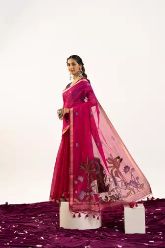Pink soft muga cotton zari woven saree with blouse