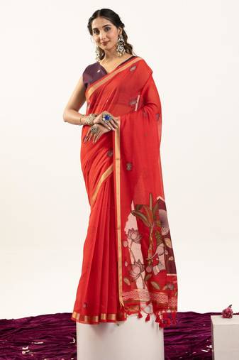 Red soft muga cotton zari woven saree with blouse