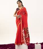 Red soft muga cotton zari woven saree with blouse