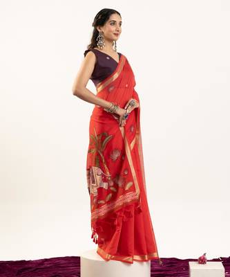 Red soft muga cotton zari woven saree with blouse 3
