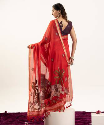 Red soft muga cotton zari woven saree with blouse 5
