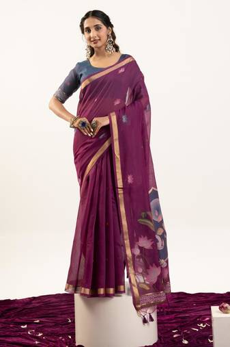 Wine soft muga cotton zari woven saree with blouse