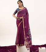 Wine soft muga cotton zari woven saree with blouse