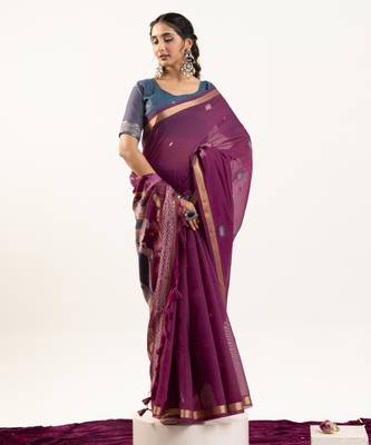 Wine soft muga cotton zari woven saree with blouse 2