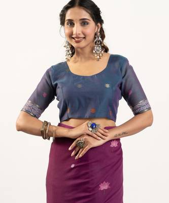 Wine soft muga cotton zari woven saree with blouse 4