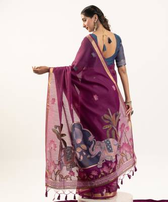 Wine soft muga cotton zari woven saree with blouse 5