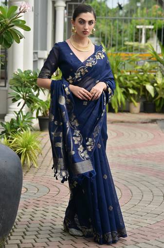 Navy blue soft jute linen silk zari woven saree with blouse