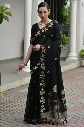 Black soft jute linen silk zari woven saree with blouse