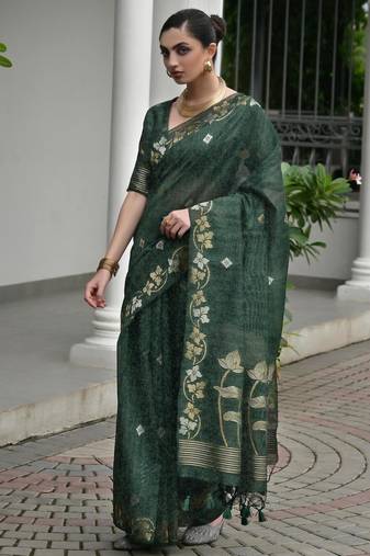 Bottle green soft jute linen silk zari woven saree with blouse