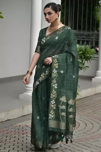 Bottle green soft jute linen silk zari woven saree with blouse