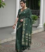 Bottle green soft jute linen silk zari woven saree with blouse