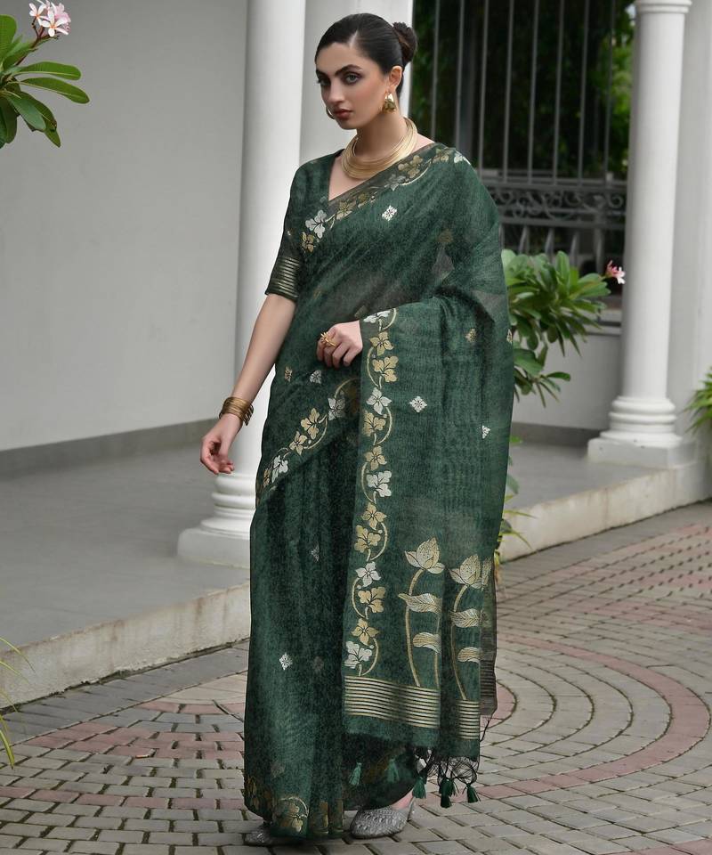 Bottle green soft jute linen silk zari woven saree with blouse