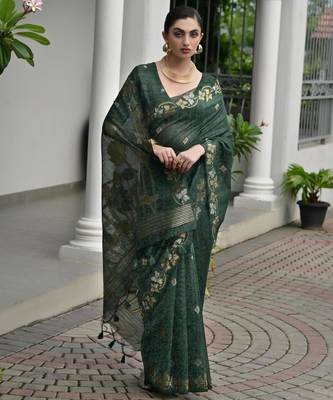 Bottle green soft jute linen silk zari woven saree with blouse 2