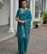 Firozi soft jute linen silk zari woven saree with blouse