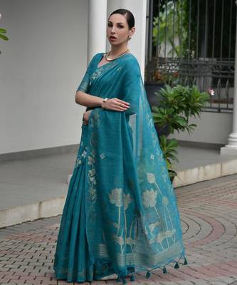 Firozi soft jute linen silk zari woven saree with blouse 3