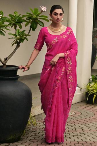 Pink soft jute linen silk zari woven saree with blouse